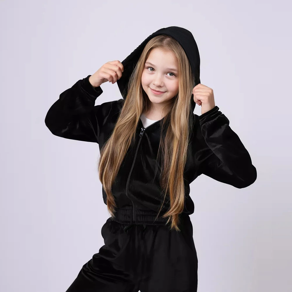 2 pezzi 2025 moda bambini ragazze velluto tuta bambino cerniera up giacche con cappuccio cappotto + pantaloni set inverno bambini tute abiti 3
