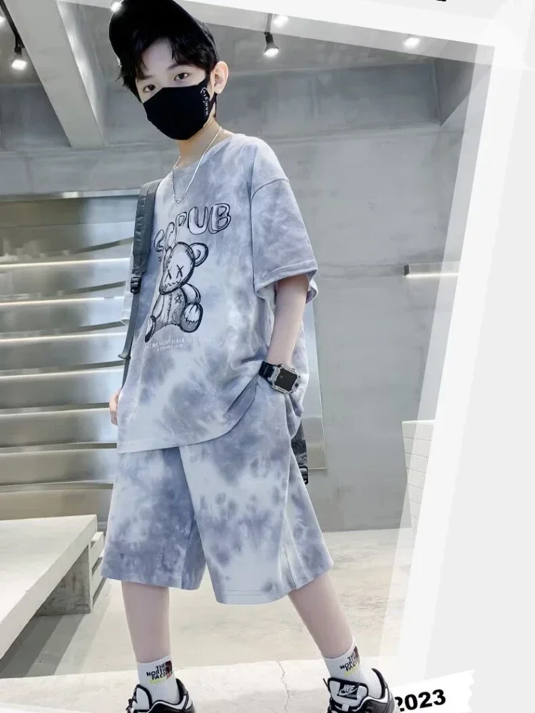 Estate bambini ragazzo vestiti Set ragazze adolescenti Tie Dye magliette e pantaloncini 2 pezzi vestito bambino cartone animato orso Top fondo abiti tuta 4