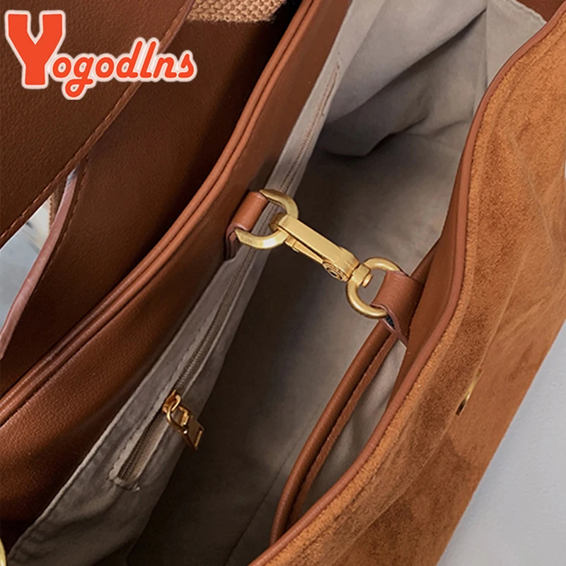 Yogodlns Borsa a tracolla in pile autunno inverno Borsa a tracolla in pelle smerigliata femminile Borsa a tracolla retrò Borsa a tracolla di grande capacità 6