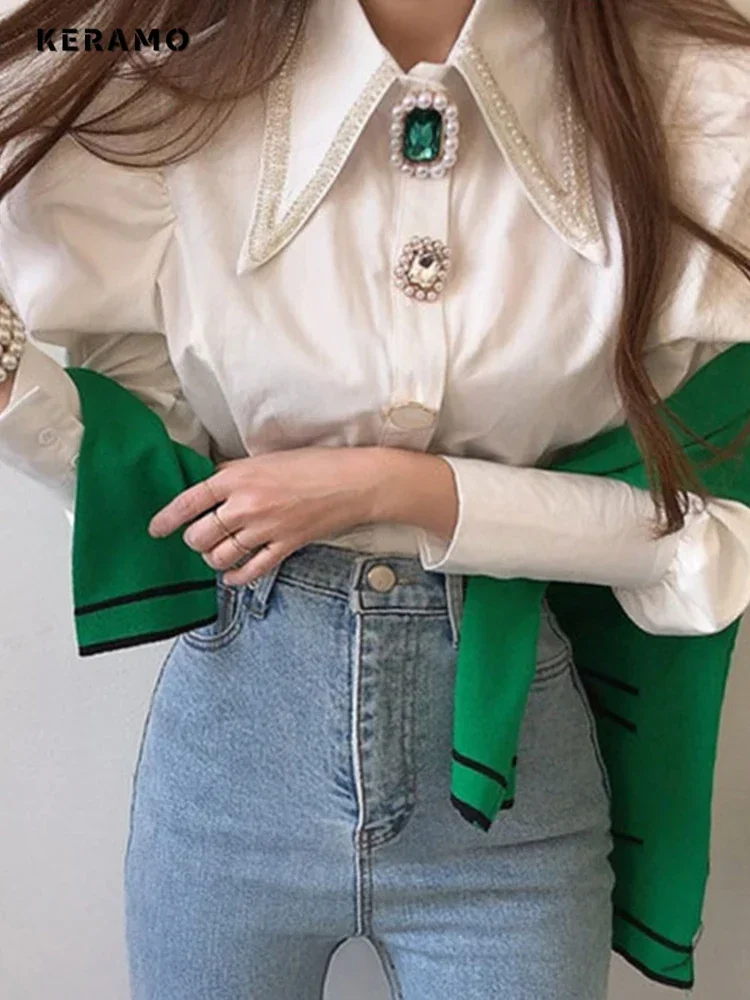 Camicette di lusso con perline eleganti con colletto rovesciato stile francese 2024 Camicie chic da sera casual a maniche lunghe da donna autunno 2024 Top 3