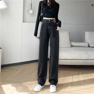 Jeans a vita alta da donna per il tempo libero, comodi pantaloni dritti alla moda, denim elasticizzato lavato, abbigliamento nero, vendita calda 1