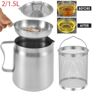 Pentola per filtro olio Pentola per filtro olio in acciaio inossidabile con filtro a maglia fine Cestello per friggere 2L Conservazione dell'olio Contenitore per grasso da cucina 1