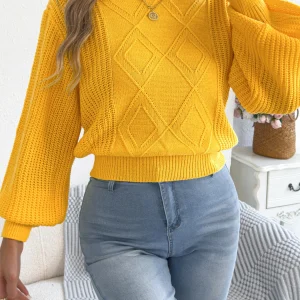 Maglioni lavorati a maglia a maniche lunghe con lanterna girocollo tinta unita da donna per abiti autunno inverno 2025 giallo rosso kaki 1