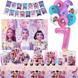 Kpop Demon Hunters Decorazioni per feste di compleanno Set di stoviglie Kpop Anime Tazze Tovaglia Palloncini Happy Banner Sfondo Forniture 1
