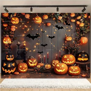 Sfondo di Halloween Divertenti lanterne di zucca Pipistrelli Sfondo fotografico per festival Decorazioni per feste di compleanno per bambini Puntelli per cabine fotografiche 1
