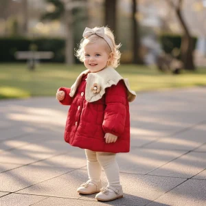 Giacca da bambina invernale foderata in pile color block colletto con bottoni floreali top da bambino carino caldo cappotto da ragazza ispessito abbigliamento per bambini 1