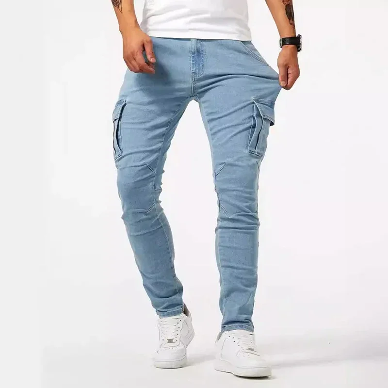 Jeans casual da uomo a matita Pantaloni multitasche elastici da uomo piccoli e sottili da strada Jeans cargo a vita media in tinta unita lavati 4