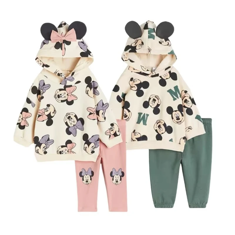 Minnie e Topolino con stampa completa Top con cappuccio Leggings tinta unita Due pezzi Nuovi bambini Cartoon Felpa + Pantaloni Set di vestiti per bambini 1