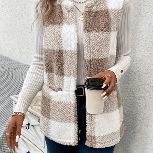 Cappotto con gilet Teddy aperto sul davanti con stampa scozzese di bufalo da donna taglie forti 1