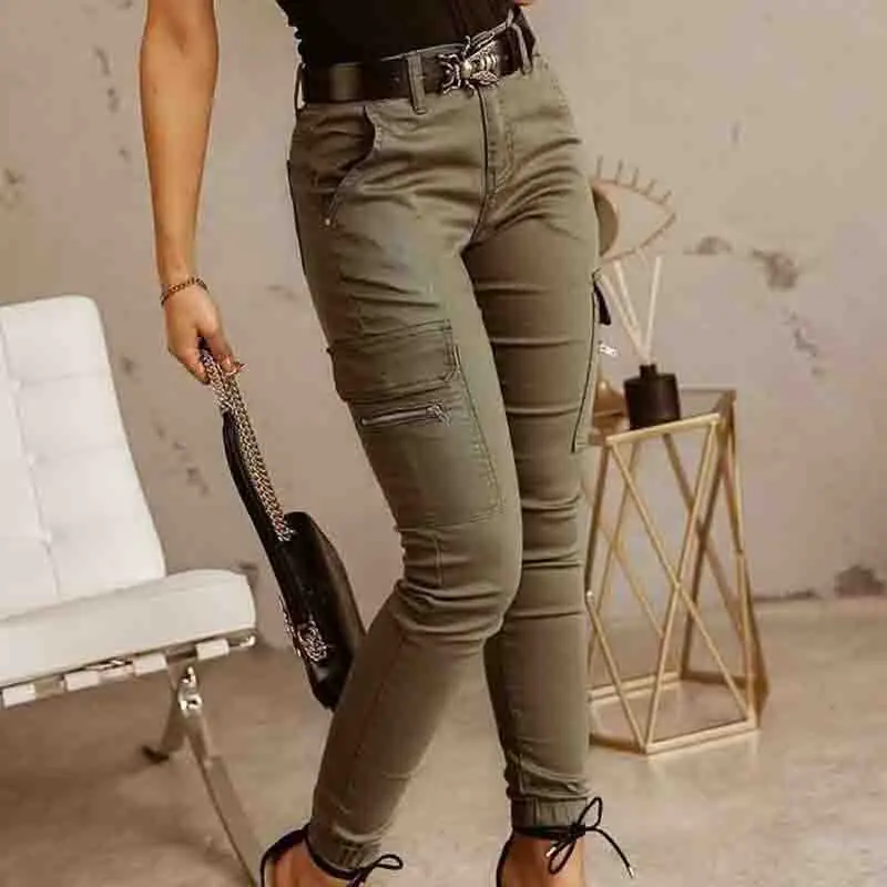 Pantaloni da lavoro di nuova moda donna primavera autunno slim casual cotone verde kaki donna pantalone matita pantaloni cargo donna 26211 3