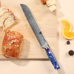 WILDMOK Coltello per pane seghettato, coltello per pane in acciaio damasco da 8" 67 strati, manico ergonomico in resina blu resistente e durevole con confezione regalo 1