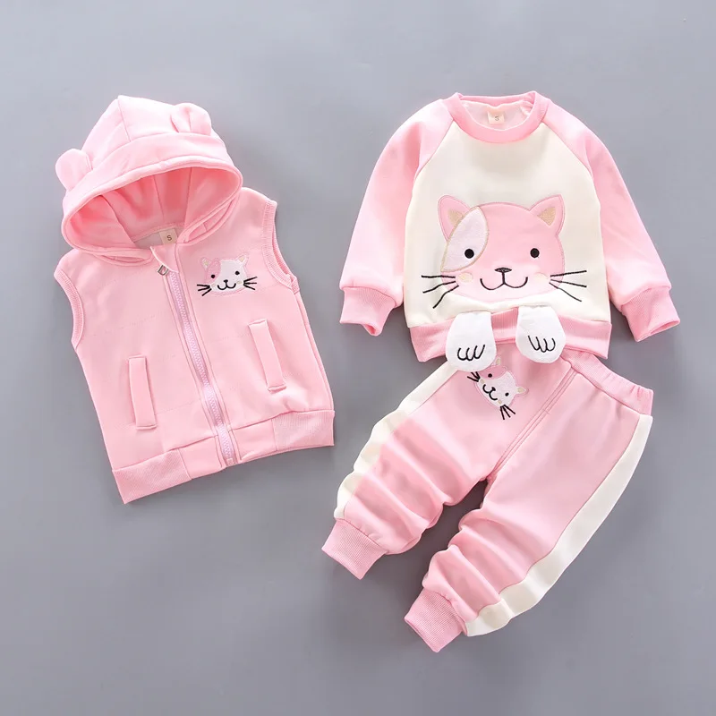 Nuovi set di abbigliamento in pile per bambini invernali autunno ragazzi ragazze cotone spesso caldo maglione con cappuccio pantaloni orso cartone animato 3 pezzi vestito per bambini 0-4Y 5