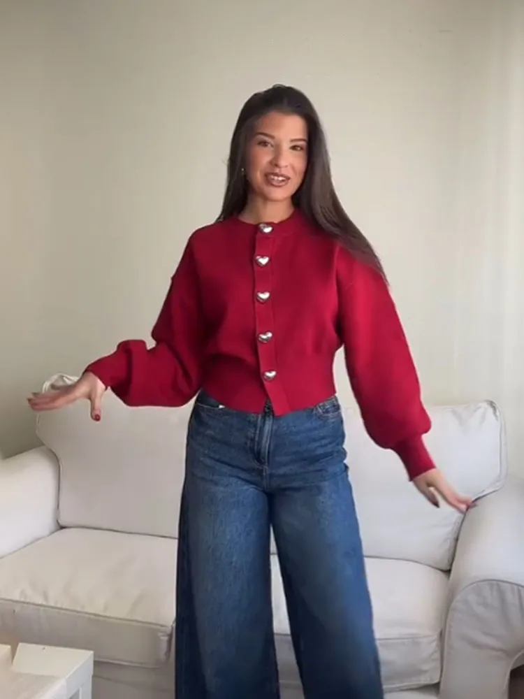 HH Moda Donna Solid Top Bottoni a forma di cuore Cardigan Donna Primavera Casual Manica lunga O-Collo Maglioni lavorati a maglia Cappotti 3