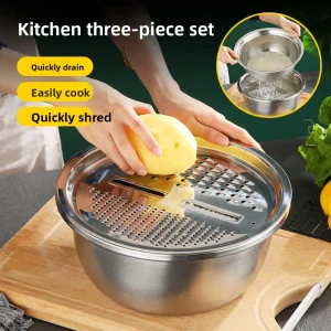 Gadget da cucina Ciotola in acciaio inossidabile con scolapiatti Coperchio per grattugia Chopper per verdure di grande capacità Utensile da cucina multiuso 1