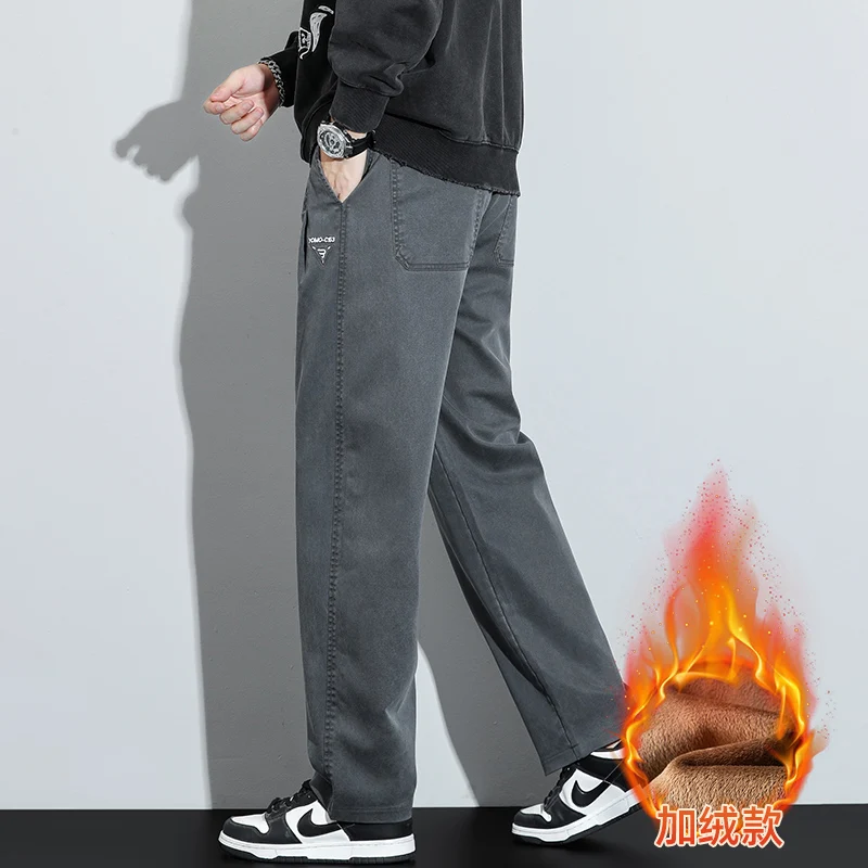 Pantaloni cargo da uomo a gamba larga con gamba dritta allentata foderata in pile Lyocell 2025 Pantaloni lunghi casual caldi autunno inverno Plus Size 5XL 5