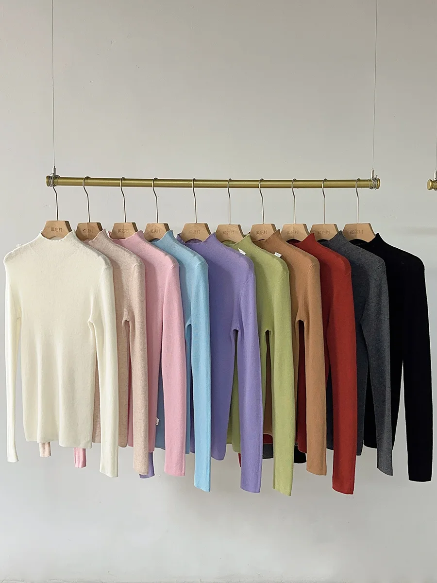 BirdTree, maglione sottile sottile sottile 100% lana, collo finto a maniche lunghe da donna, top elastico alto con fondo senza cuciture, autunno inverno 2025 T46985QM 4