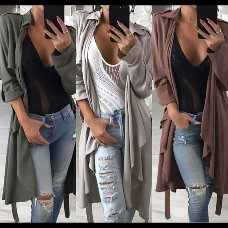 2025 Autunno Inverno Nuova giacca a vento da donna casual tinta unita risvolto manica lunga cardigan irregolare giacca a vento lunga allentata 1