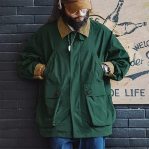 Maden Giacca Safari multitasche retrò da uomo Cappotto classico in velluto a coste allentato verde Capispalla versatile per la primavera e l'autunno 1