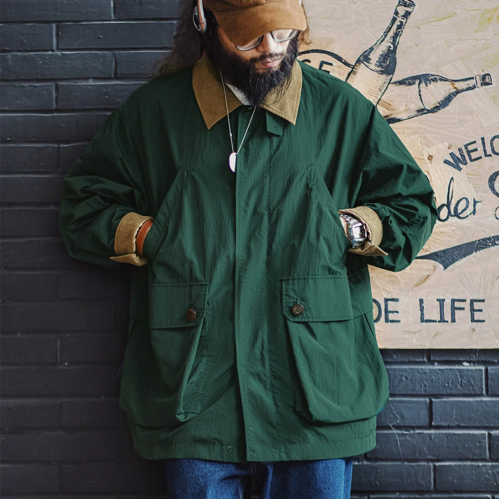 Maden Giacca Safari multitasche retrò da uomo Cappotto classico in velluto a coste allentato verde Capispalla versatile per la primavera e l'autunno 1