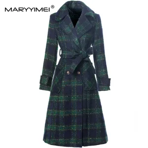 MARYYIMEI Cappotto scozzese elegante streetwear da donna Colletto rovesciato Tasca a maniche lunghe Cappotto doppiopetto autunno e inverno 1