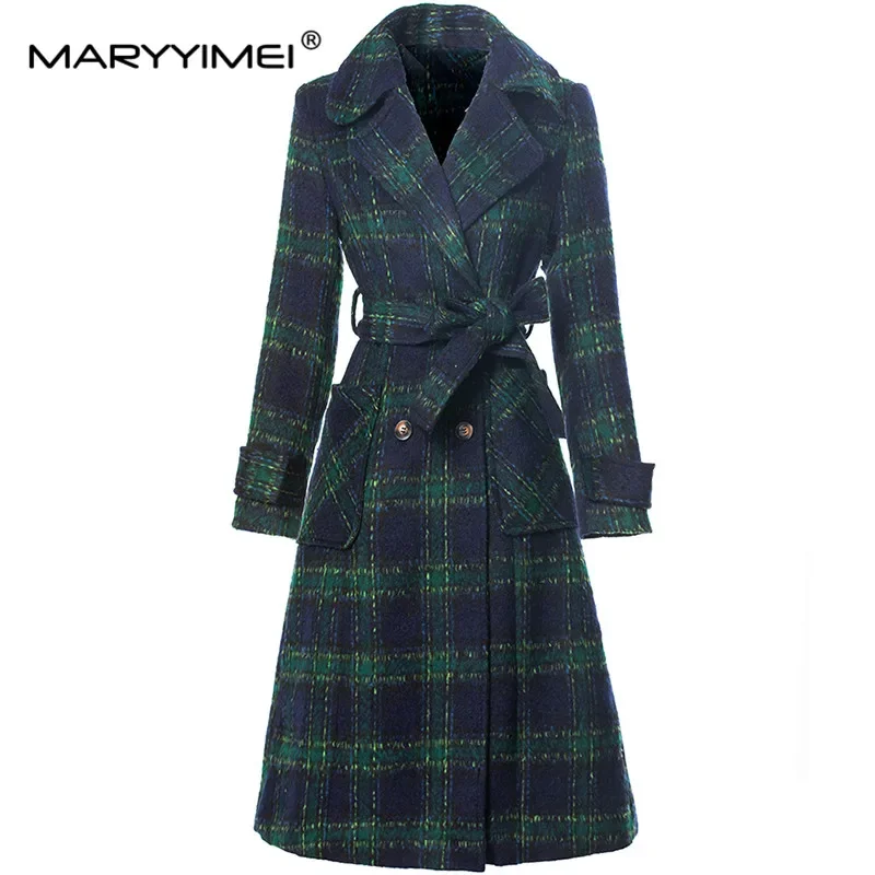 MARYYIMEI Cappotto scozzese elegante streetwear da donna Colletto rovesciato Tasca a maniche lunghe Cappotto doppiopetto autunno e inverno 1