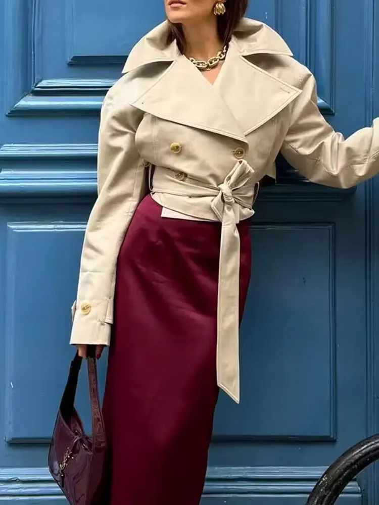 HH 2025 Primavera Retro Scollo a V Doppio Petto Tasca da Donna Top Giacca Allentata da Donna Street Casual Lace-up Trench Corto 3