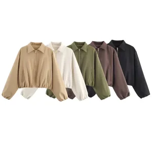 HH Giacca autunnale da donna Elegante cappotto corto solido Risvolto Manica lunga Cerniera Bomber Giubbotti Casual Office Lady Basics Outwear 1