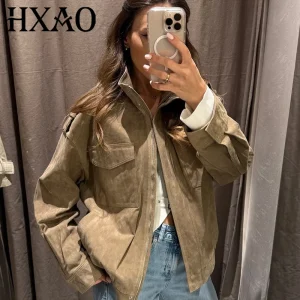 HXAO Giacca in pelle da donna Autunno Giacca bomber oversize Novità in cappotti e giacche Colletto alla coreana Top a maniche lunghe Capispalla di moda 1
