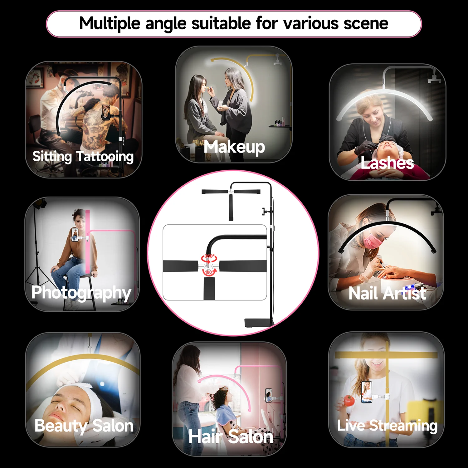 2025 telecomando 23 pollici 45W nuova lampada lunare da pavimento led mezza luna anello di luce con strass salone di luce per ciglia trucco tatuaggio 5