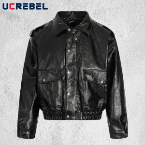 Giacca da moto tascabile retrò da uomo tinta unita invernale spessa High Street bavero manica lunga giacca trapuntata in pelle PU uomo 1