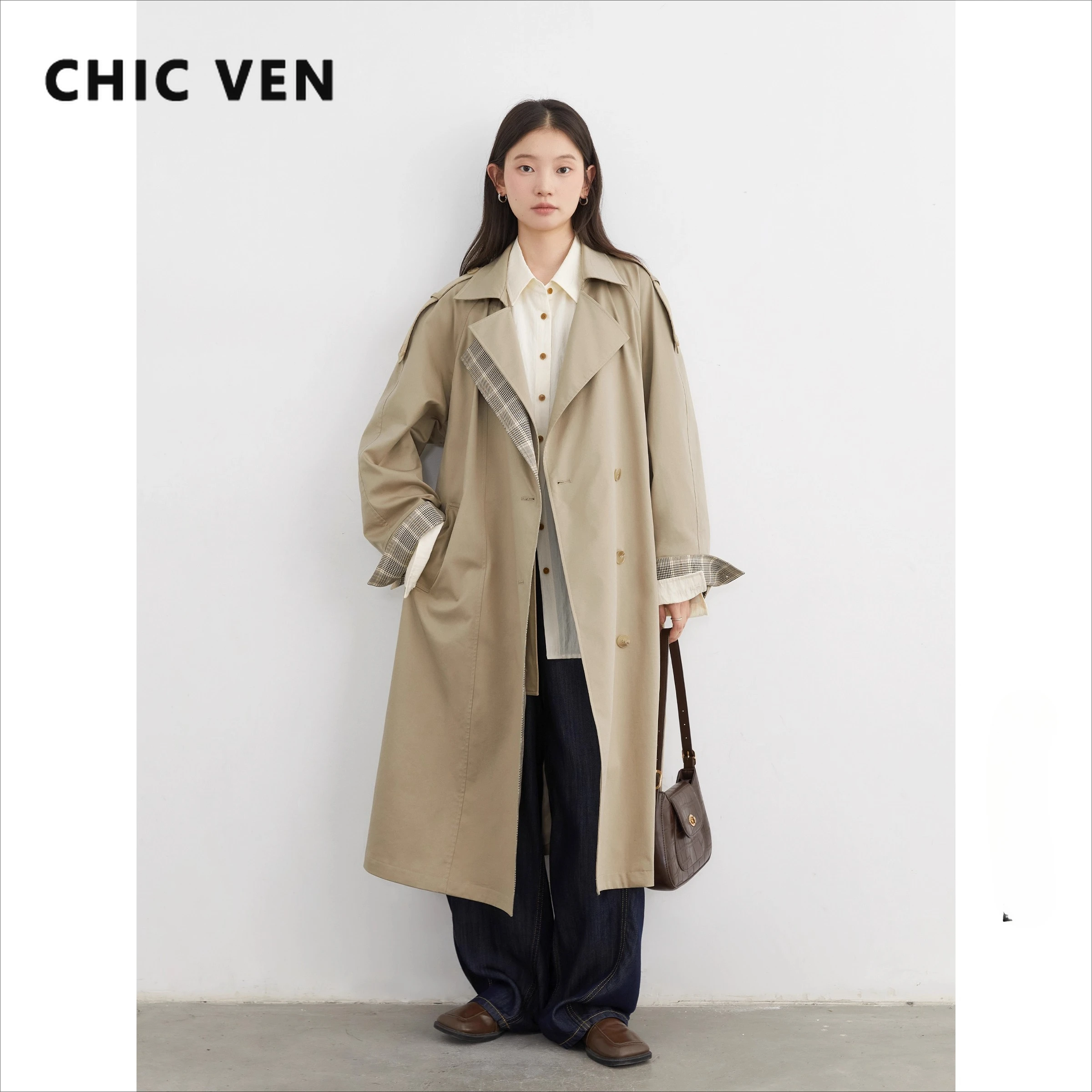 CHIC VEN Moda Donna Trench lungo Allentato Casual Plaid Giacca a vento femminile Donna Cappotto Primavera Autunno 2025 Abbigliamento 2