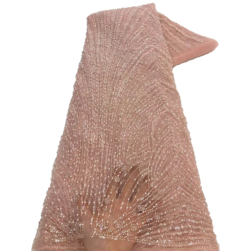 Abito da sposa da donna in tessuto di pizzo con perline fatto a mano in oro africano di alta qualità 2025 cucito con paillettes ricamo tessuto di pizzo nigreiano 6