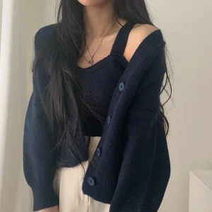 Cardigan con scollo a V a maniche lunghe e gilet lavorato a maglia, moda autunno inverno donna set da 2 pezzi lavorato a maglia tinta unita abiti casual eleganti 1