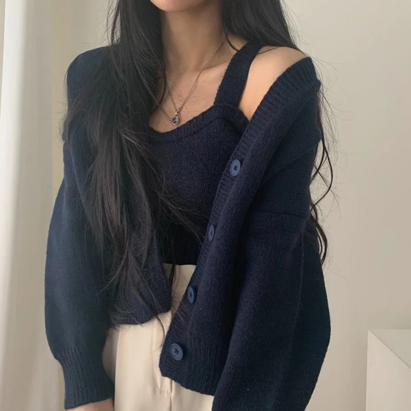 Cardigan con scollo a V a maniche lunghe e gilet lavorato a maglia, moda autunno inverno donna set da 2 pezzi lavorato a maglia tinta unita abiti casual eleganti 1