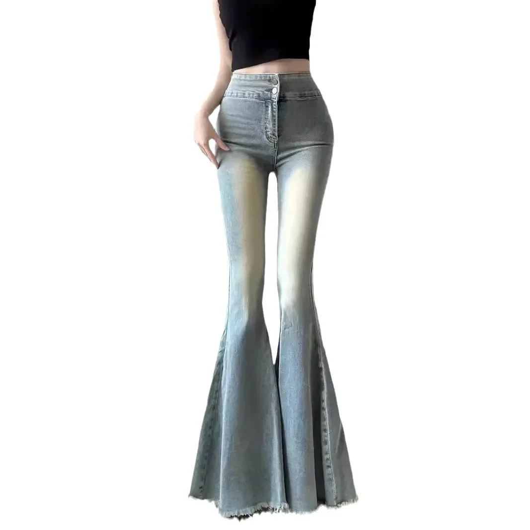 Jeans da donna alla moda alla moda gambe larghe pantaloni in Denim con frange sfumate a vita alta nuovo stile autunnale Casualwear 5