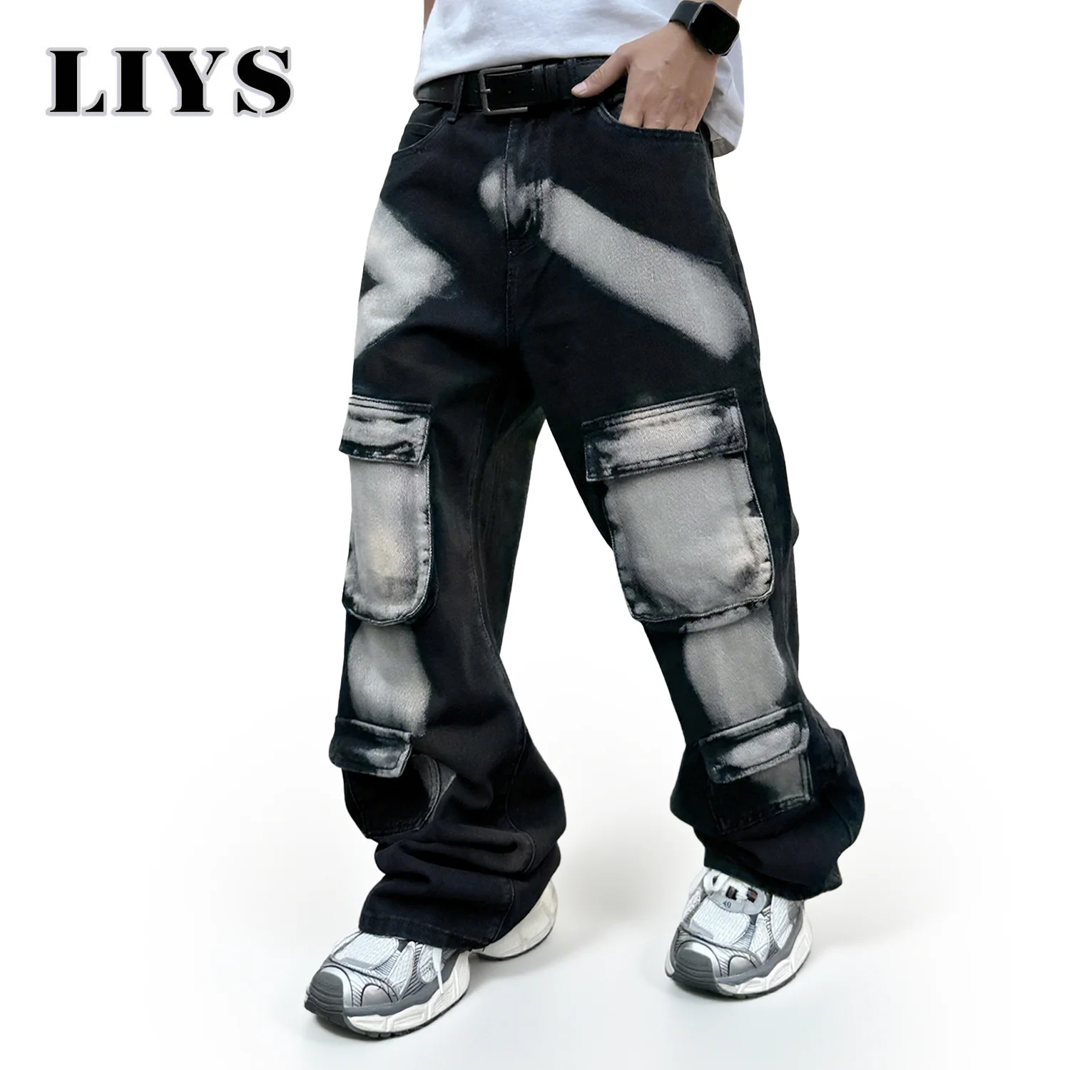 Jeans da lavoro a gamba dritta neri da uomo autunno inverno 2025 con tasche multiple Pantaloni in denim maschile con inchiostro spruzzato stile High Street 3