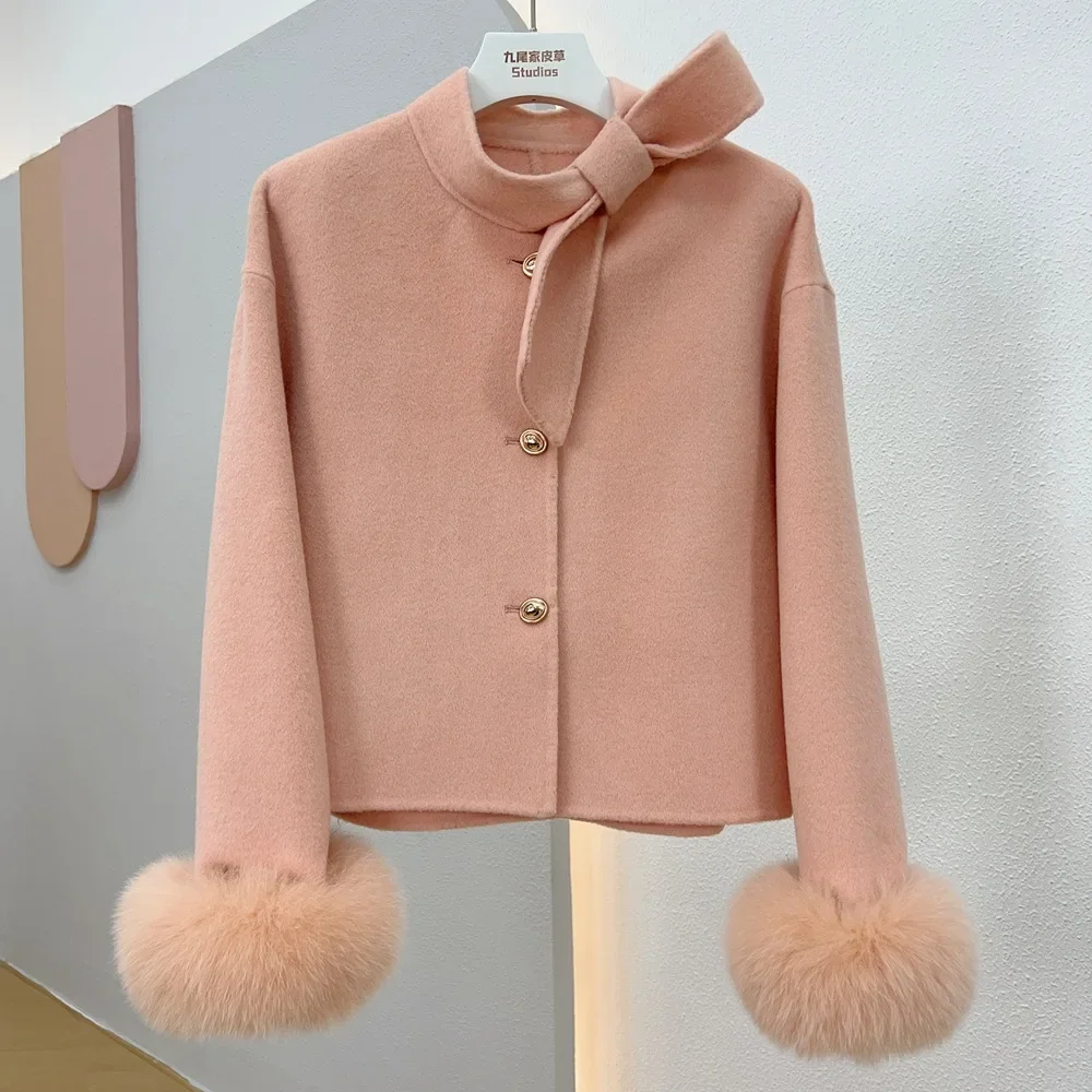 Cappotto di lana donna 2024 nuovo inverno naturale pelliccia di volpe polsino Outwear cappotto femminile Cashmere lana lana donna giacca di lusso 2