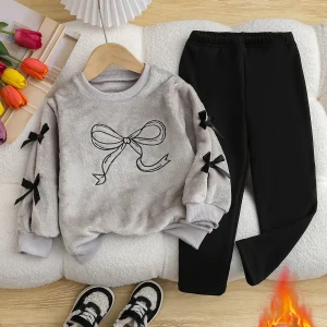 Set elegante e caldo per ragazze autunnali e invernali: top in morbida pelliccia ricamata con fiocco da bambina + pantaloni lunghi Set da 2 pezzi 1