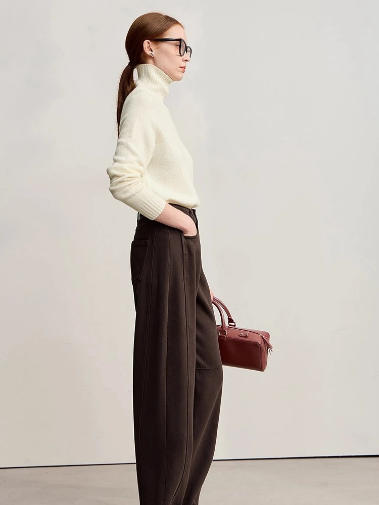 Amii Jeans in cotone 2025 Inverno Nuovo colore solido Pantaloni in denim larghi a gamba larga Addensare Pantaloni jeans versatili caldi per le signore 12554073 4