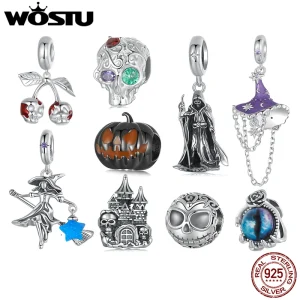 WOSTU 925 sterling silver luminoso zucca charms elfo strega ciondolo occhio del diavolo cranio perline misura braccialetto fai da te collana Halloween 1