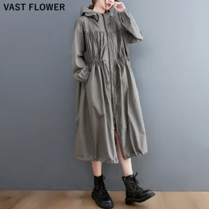 2024 autunno inverno Trench lungo con cappuccio oversize per abbigliamento donna moda coulisse nero Casual allentato capispalla Cardigan 1