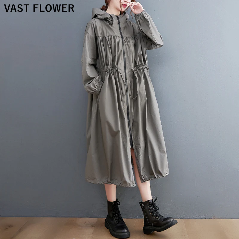 2024 autunno inverno Trench lungo con cappuccio oversize per abbigliamento donna moda coulisse nero Casual allentato capispalla Cardigan 1