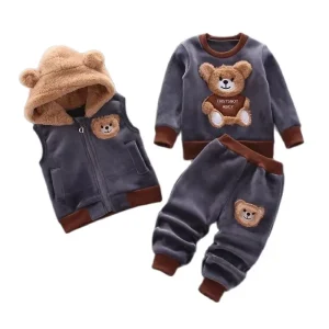 Vestiti per neonati Set Autunno Inverno Pile spesso Orso cartone animato Gilet con cappuccio Cappotto Pantaloni 3 pezzi per bambini Abiti sportivi Ragazze Abito caldo 1