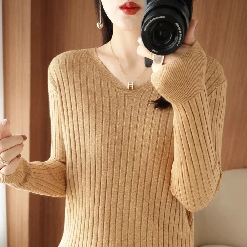 Maglione da donna Autunno Inverno Scollo a V Pullover caldi a righe Coreano Manica lunga Top basic Camicia slim fit con fondo Maglioni strecth 4