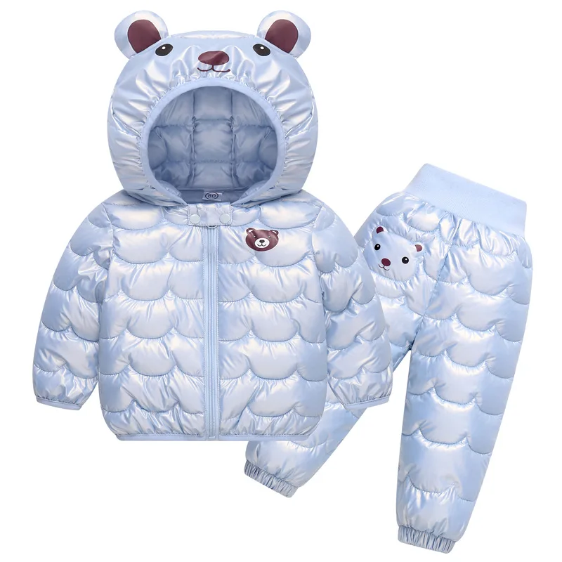2023 nuovo Set invernale per bambini piumino per ragazzi e ragazze cartone animato orso cappotto con cappuccio + pantaloni Baby Snow addensato Set caldo 0-5Y 5
