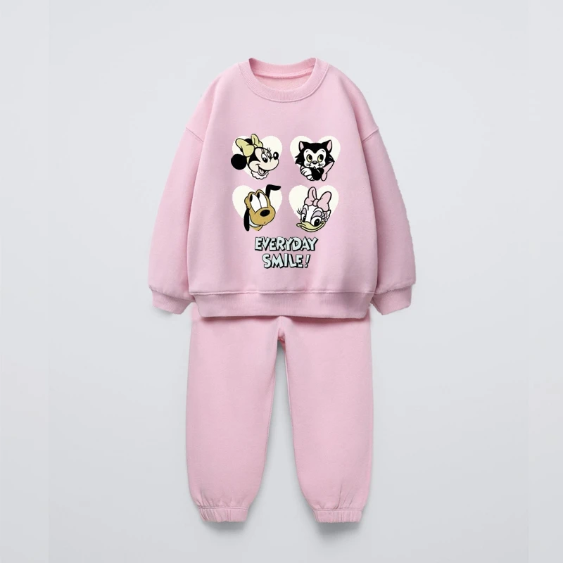 Abiti rosa per neonate Cartoon Felpa + pantaloni Set da 2 pezzi Abbigliamento esterno Disney 2025 Set di abbigliamento primaverile autunnale Abbigliamento per bambini 2