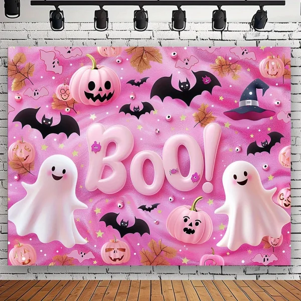 Fondale per feste di Halloween spettrale-Design rosa zucca e fantasma, sfondo fotografico Versatile in poliestere per la decorazione domestica 2