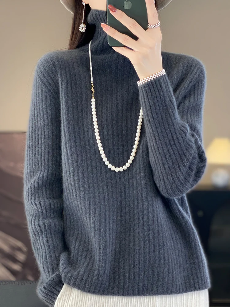 Autunno Inverno Donna 100% lana merino maglione dolcevita a righe pullover lavorato a maglia casual manica lunga spessa cashmere abbigliamento top 3