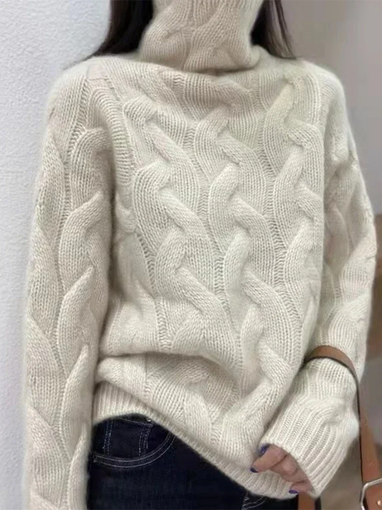 Maglione da donna in puro cashmere a collo alto, sciolto, spesso, con fondo intrecciato, stile europeo, maglieria calda invernale, 100% cashmere 4