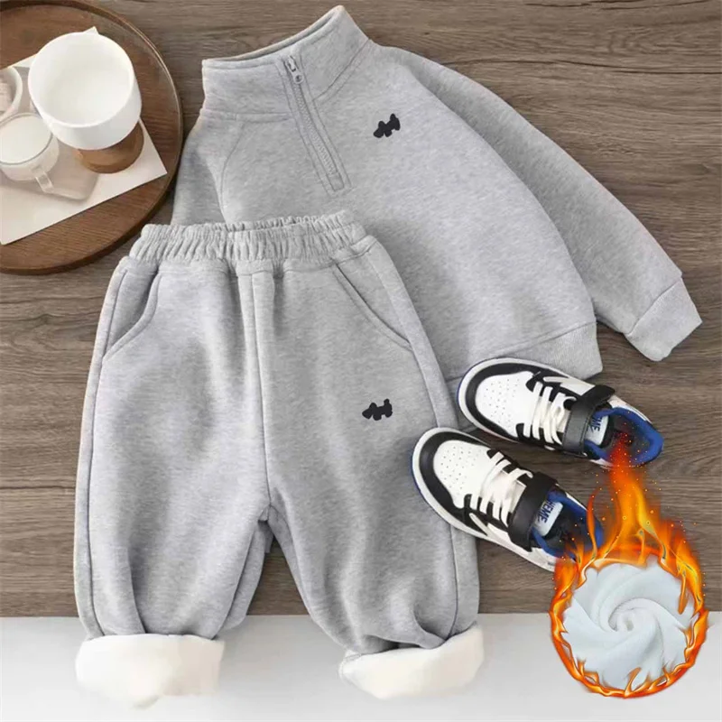 Tuta imbottita per bambini Ragazzi Set termico Ragazze Felpa in pile Pantaloni 2 pezzi Abiti sportivi invernali caldi Bambini Autunno Abbigliamento casual 1